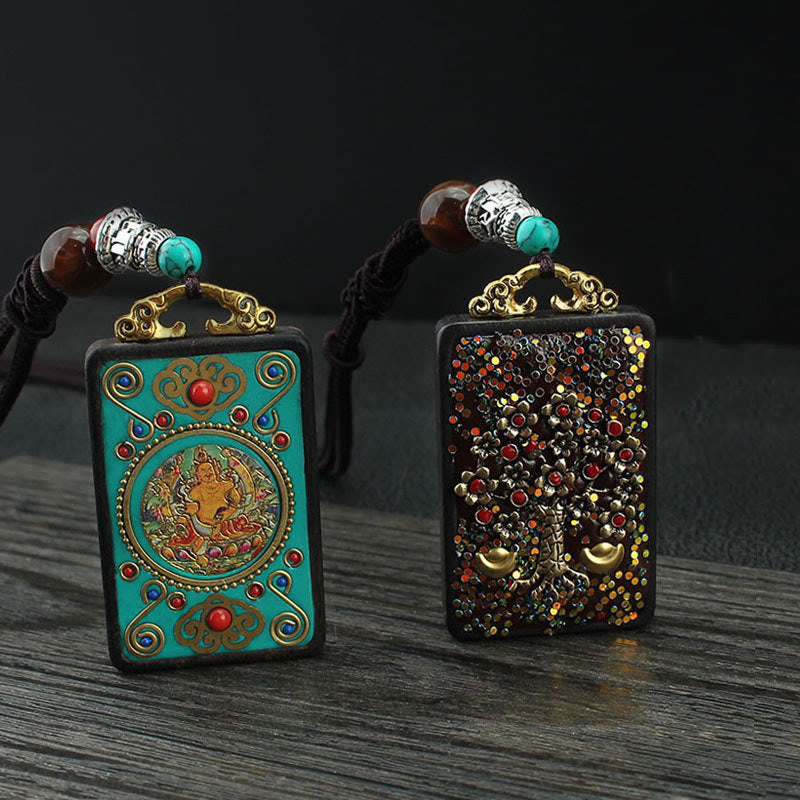 Collier spirituel en ébène avec dieux de la richesse et phénix doré