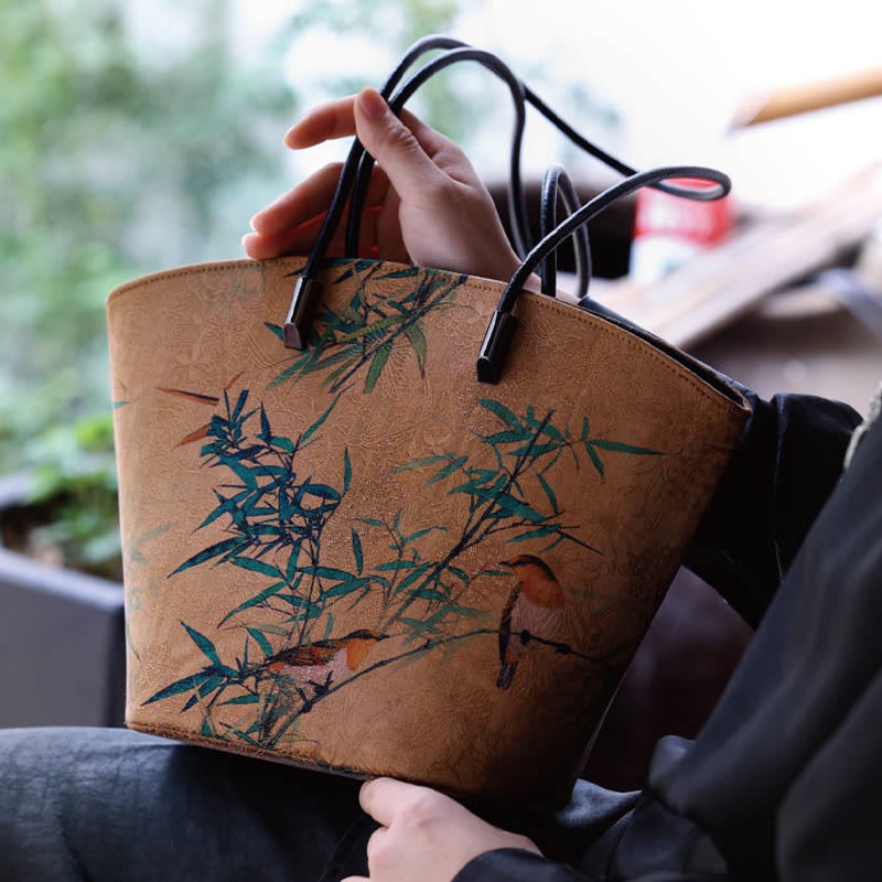 Vintage Bamboo Magpie Large Capacity Shoulder Bag with Peony Butterfly