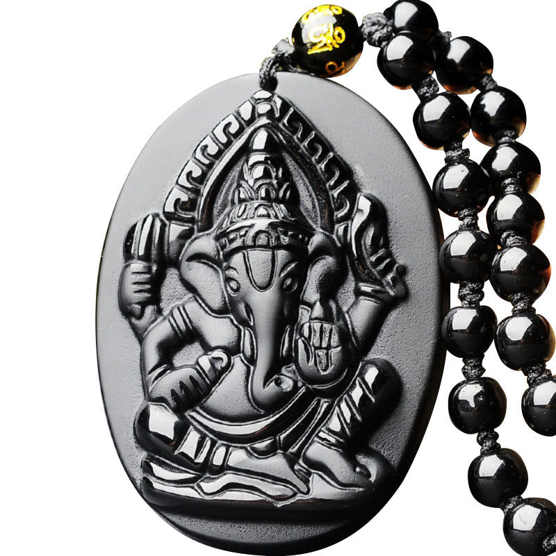 Obsidian Ganesh Elephant Wealth Amulet Necklace 56cm