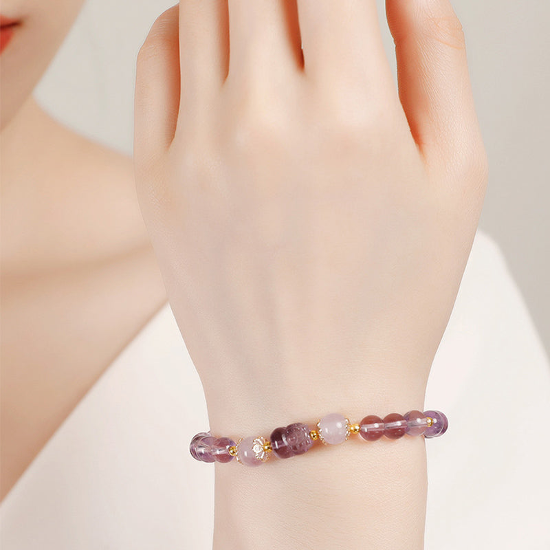 Bracelet de guérison Pixiu 6 mm avec aigue-marine, quartz fraise et améthyste