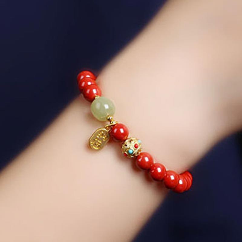 Bracelet à breloques unisexe en cinabre et aventurine verte 8 mm