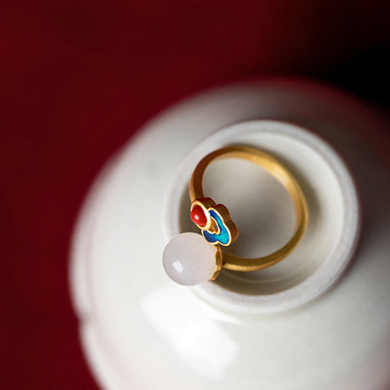 Bague ajustable en jade blanc avec nuage de bon augure et porte-bonheur