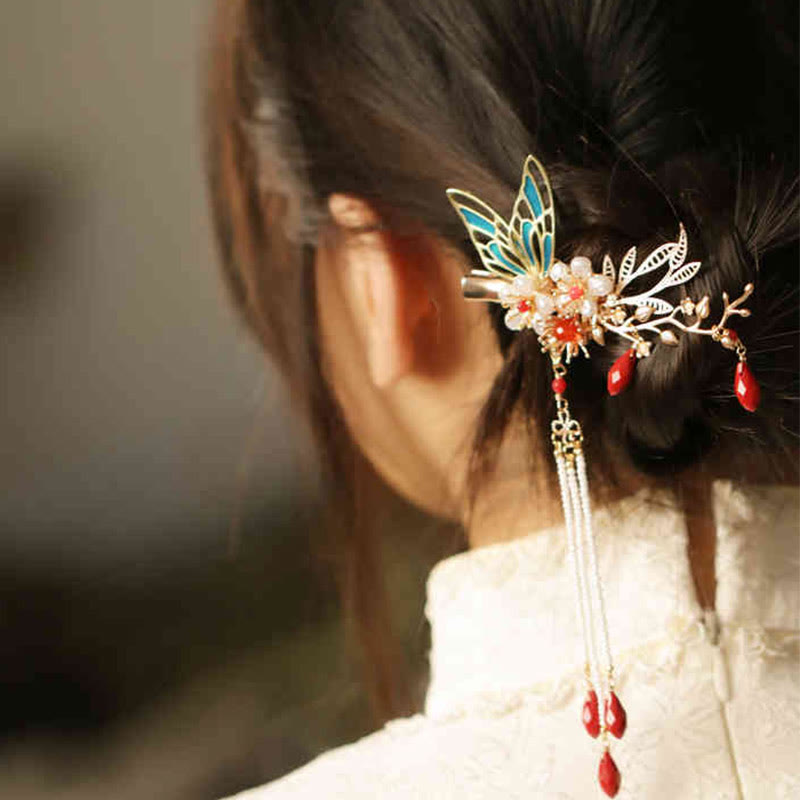 Red Flower Butterfly Pearl Tassel Hair Clip Comb Crown, Spiritual Jewelry