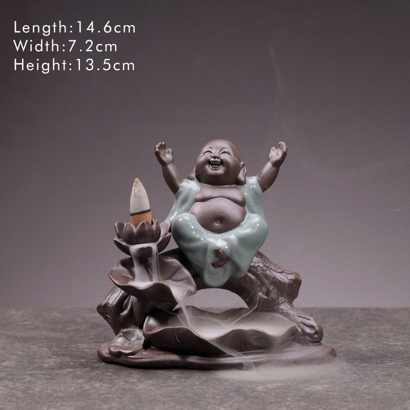 Ceramic Lotus Blessing Incense Burner with Little Monk