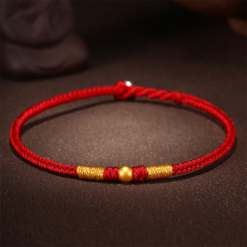Handmade Red String Bracelet with 999 Gold Beads and King Kong Knot for Protection