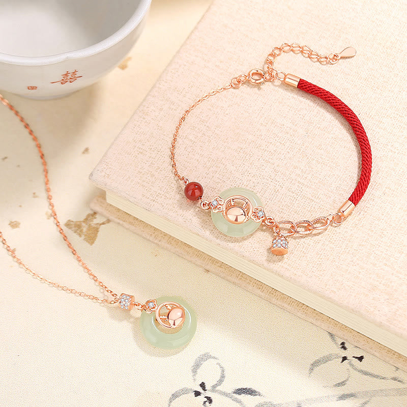 925 Sterling Silver Hetian Jade Peace Buckle Bracelet Necklace