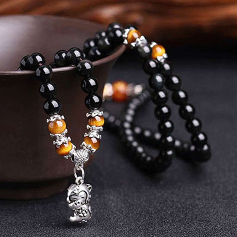Bracelet 108 perles en obsidienne noire œil de tigre signe du zodiaque chinois