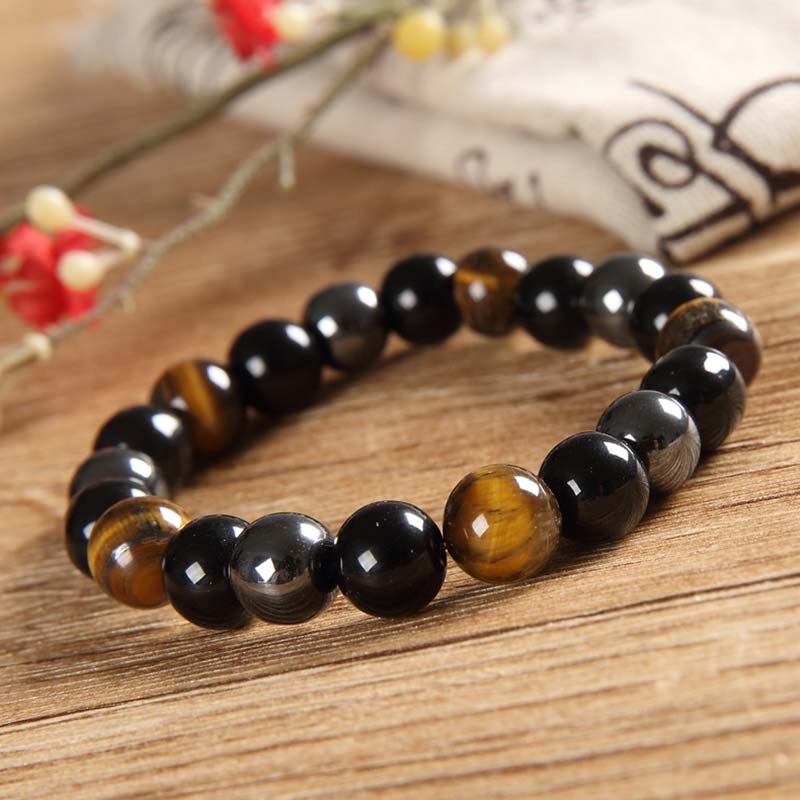 Ensemble bracelet et collier unisexe en œil de tigre avec perles de 10 mm pour la protection