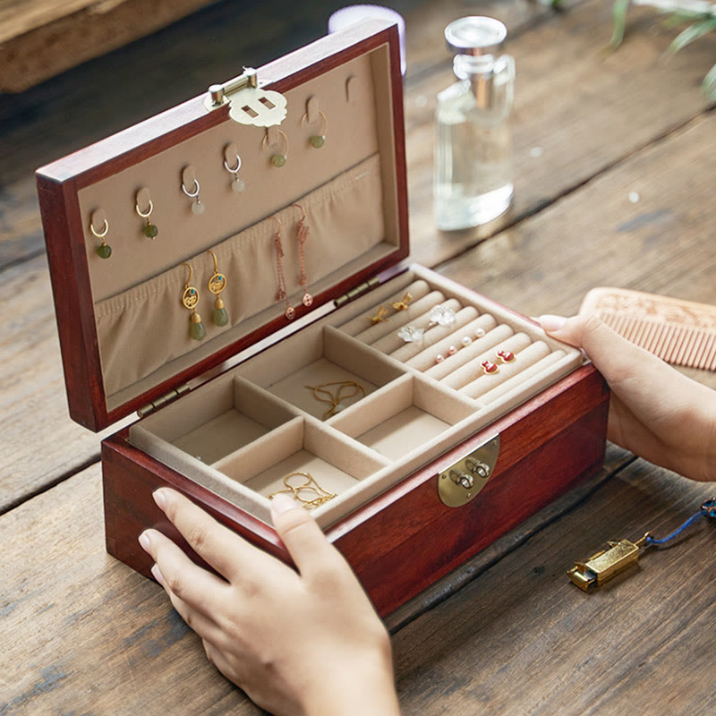 Coffret de rangement pour bijoux fait main en bois de santal rouge antique et palissandre