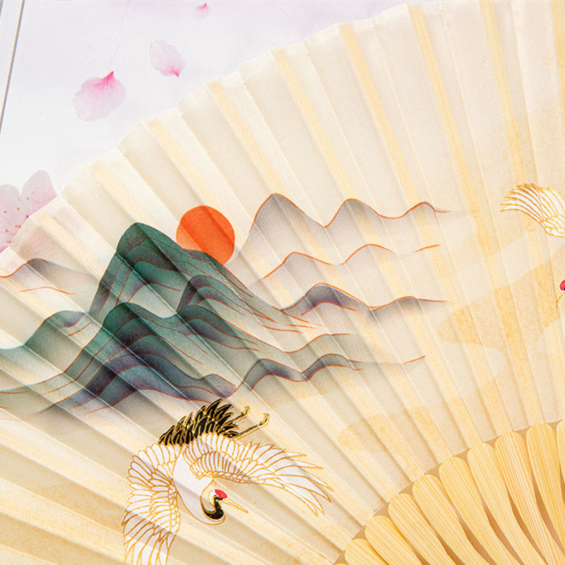 22cm Chinese Folding Silk Bamboo Fan with White Crane Design
