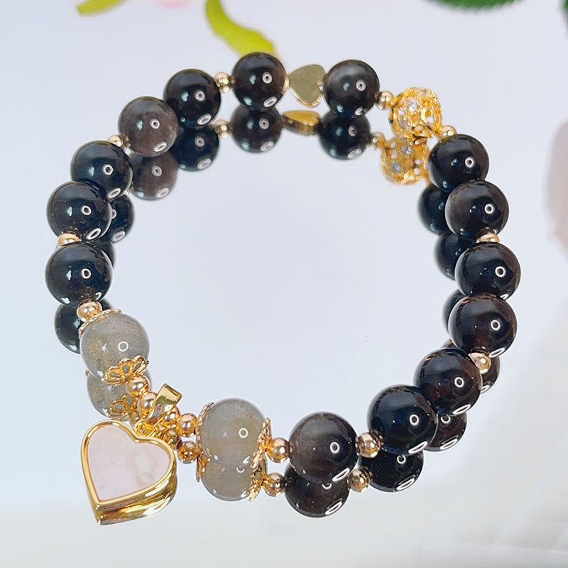 Silver Sheen Obsidian Protection Bracelet with Love Heart Charm