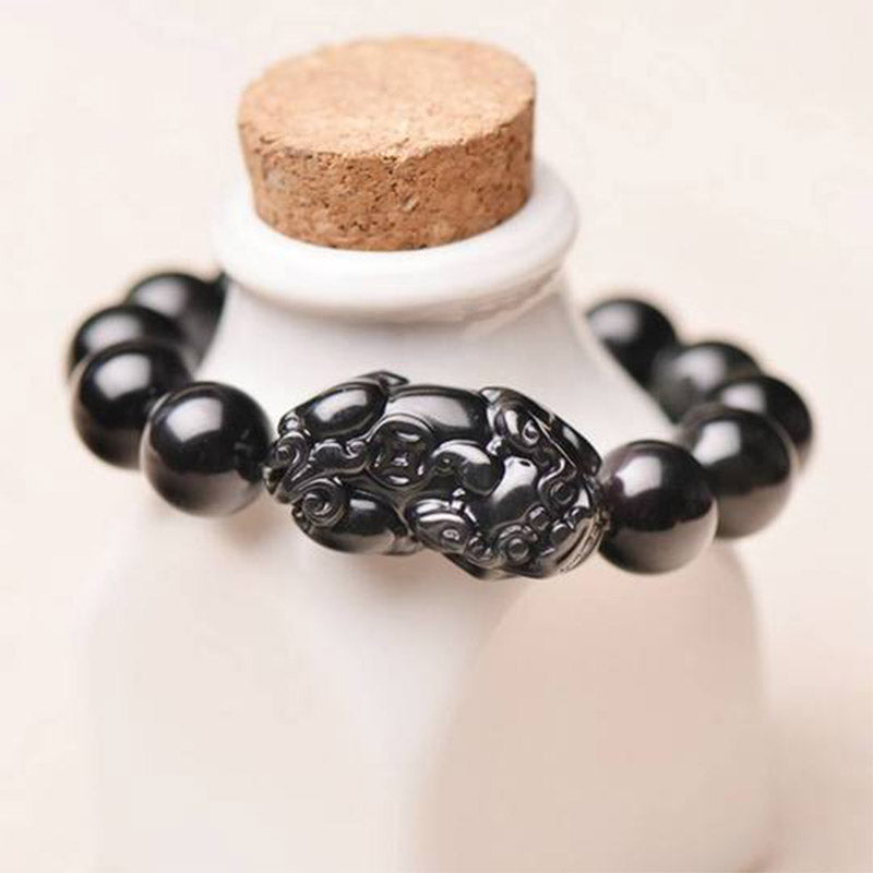 Unisex 10mm Obsidian Pixiu Wealth Bracelet for Feng Shui