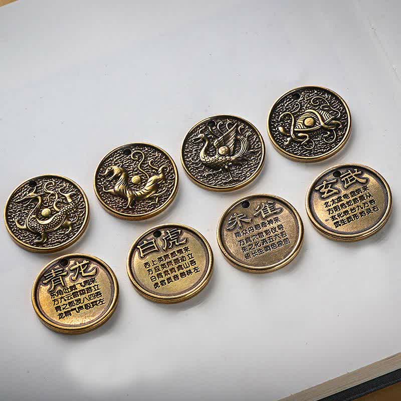 Porte-clés en cuivre à quatre symboles avec dragon azur et créatures mythiques