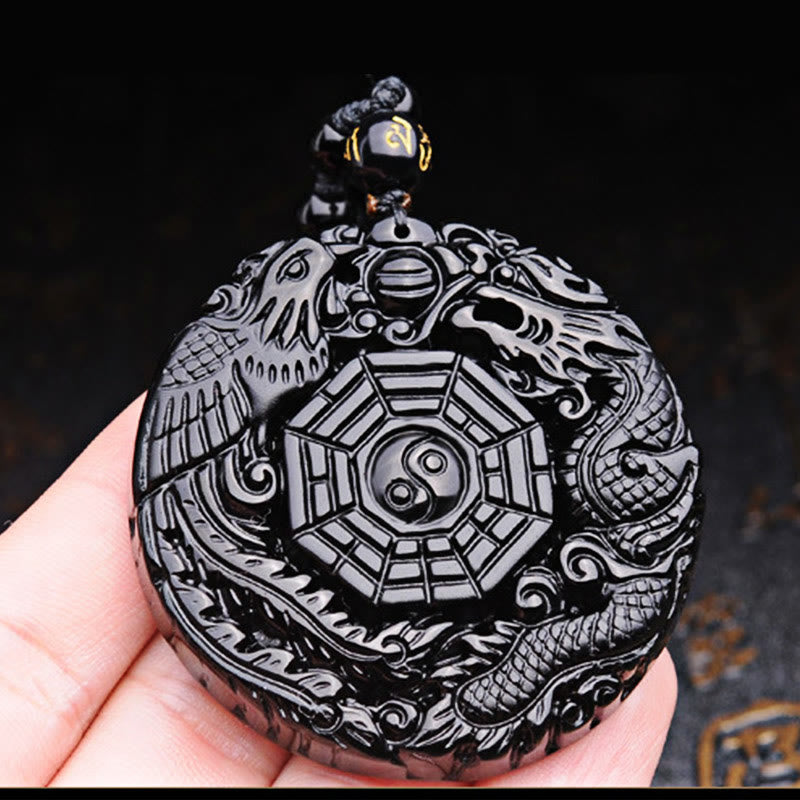 Collier pendentif en obsidienne Bagua Dragon Phoenix Accomplissement