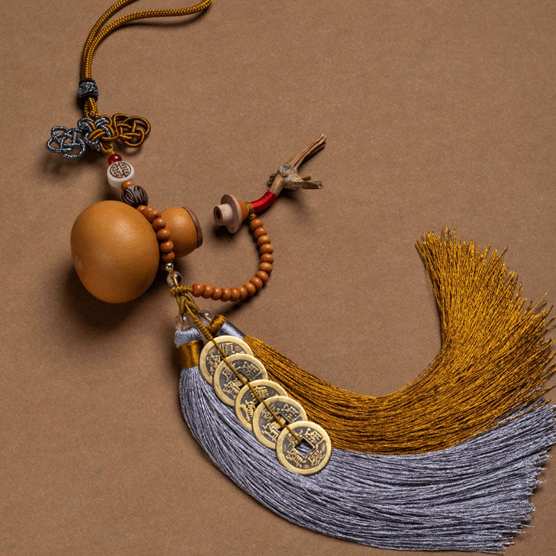 Décoration Feng Shui à pompons en forme de gourde avec cinq pièces impériales (41 cm)