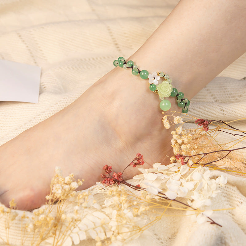 Bracelet de cheville tressé en jade réglable pour la prospérité et l'abondance