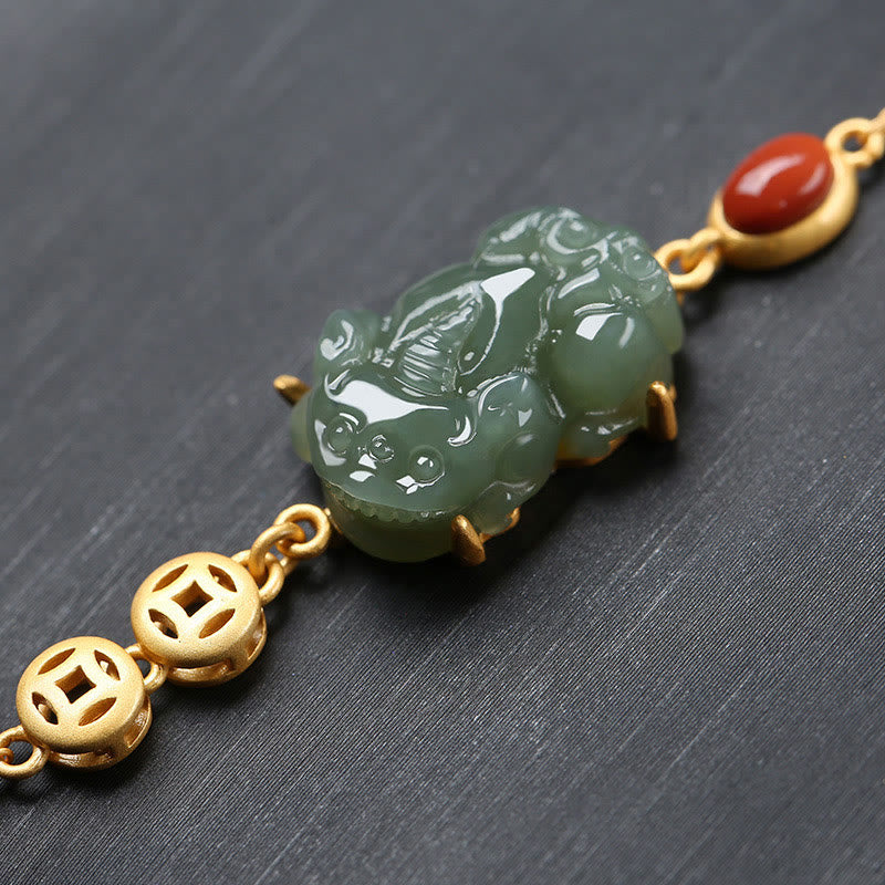 Pixiu Bracelet with Cyan Jade & Red Agate for Success