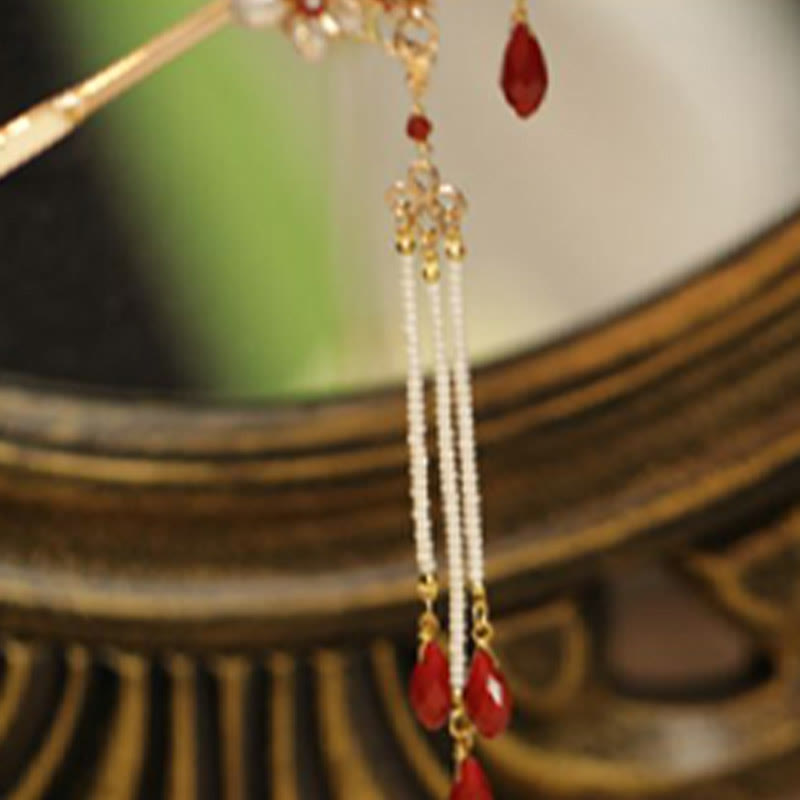 Red Flower Butterfly Pearl Tassel Hair Clip Comb Crown, Spiritual Jewelry