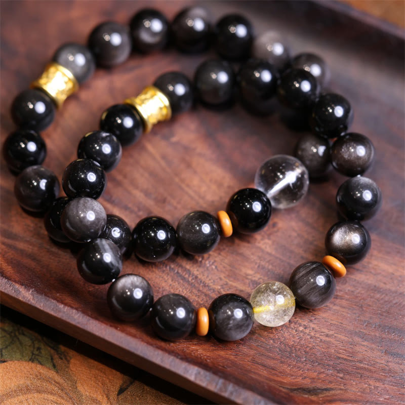 Unisex Silver Sheen Obsidian Om Mani Padme Protection Bracelet