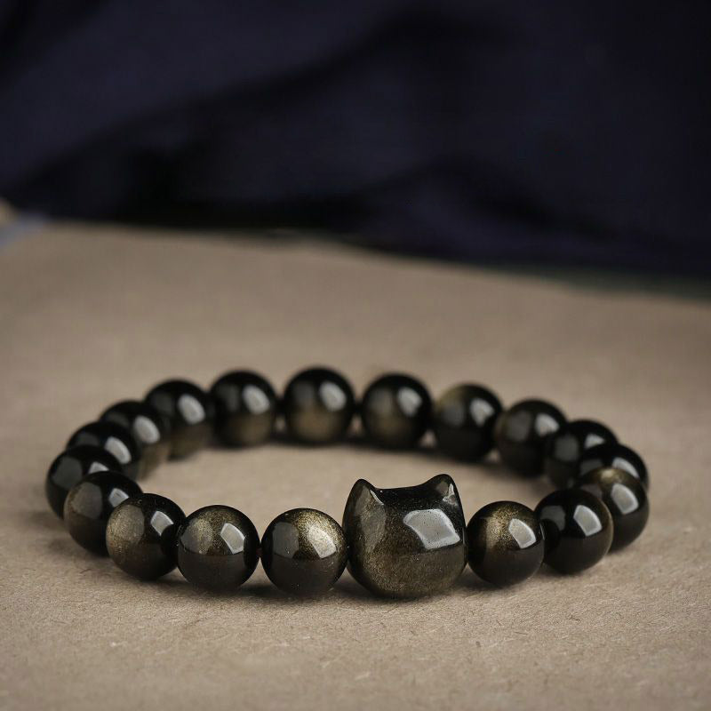 8mm Gold Sheen Obsidian Protection Bracelet with Lucky Cat Paw