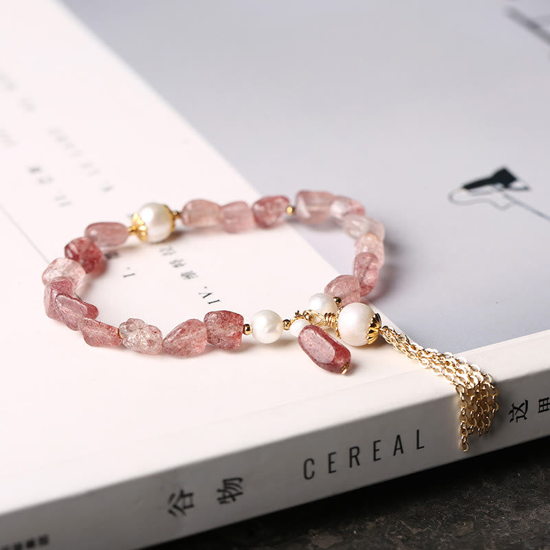 Bracelet de guérison d'amour en or 14 carats avec perles de quartz fraise