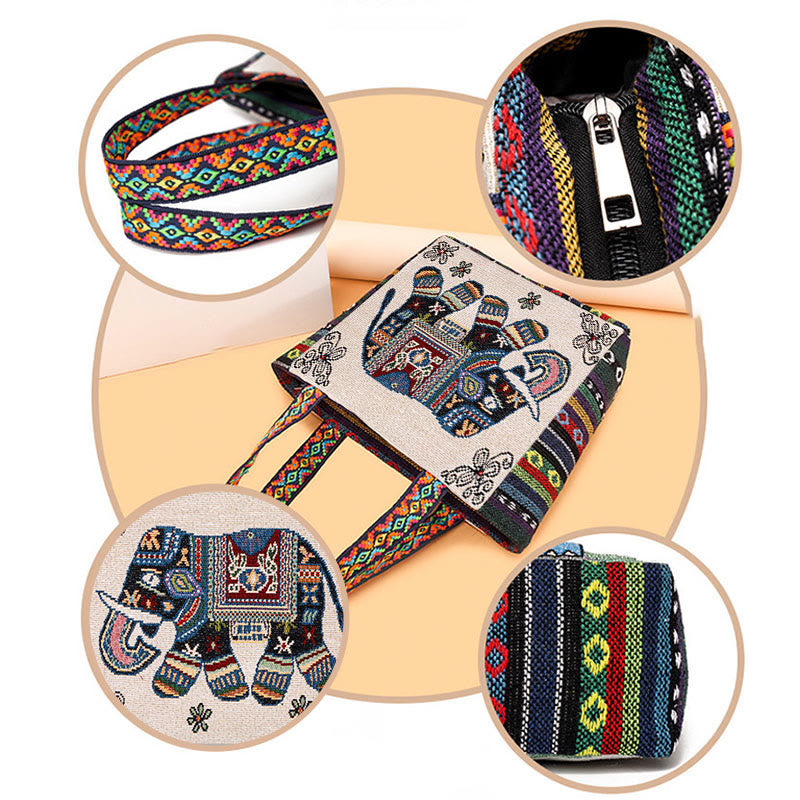 Grand sac fourre-tout en toile avec broderie éléphant et papillon - Charme spirituel