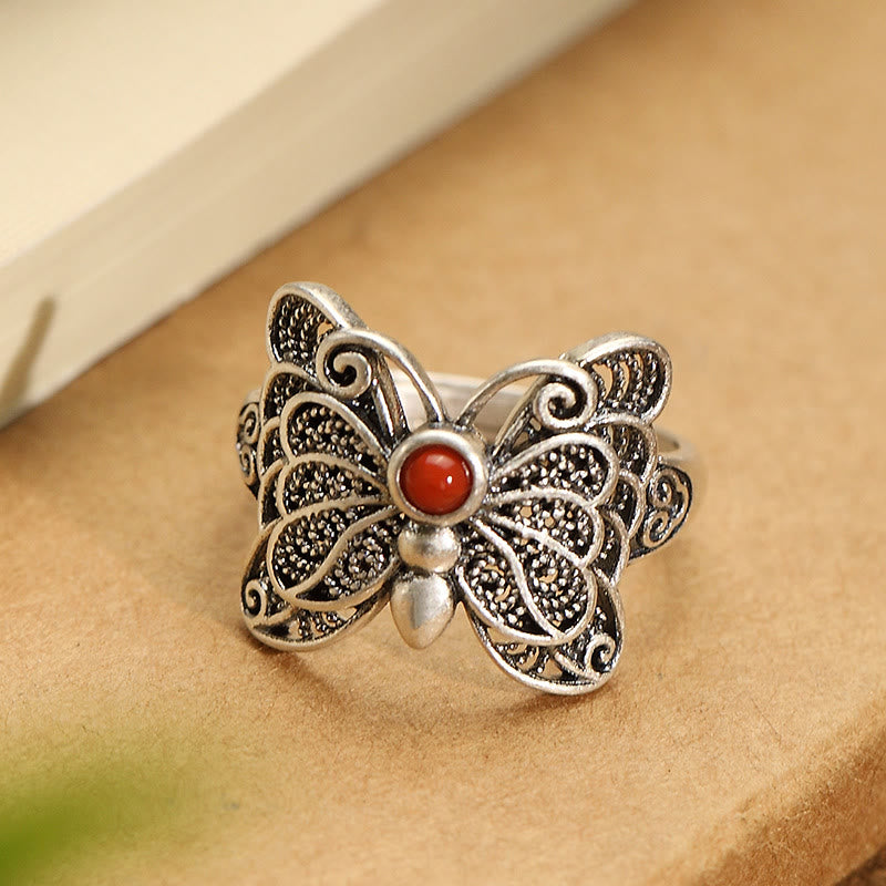 Red Agate Butterfly Ring & Earrings Set for Self-Acceptance