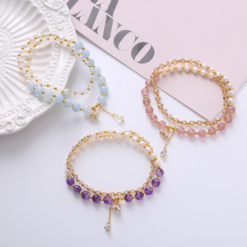 Double Wrap Amethyst Aquamarine Pearl Healing Bracelet