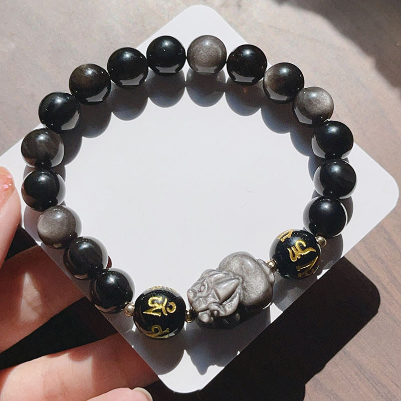 Silver Sheen Obsidian Pixiu Protection Bracelet 14-16cm