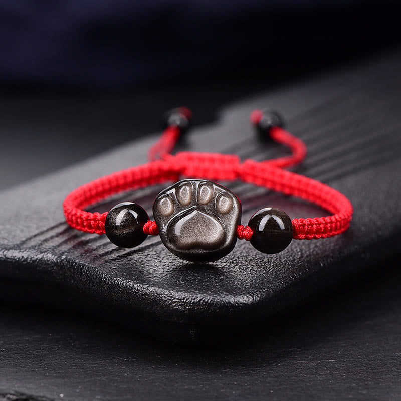 Protection Obsidian Bracelet | Silver & Gold Sheen Cat Paw Rope