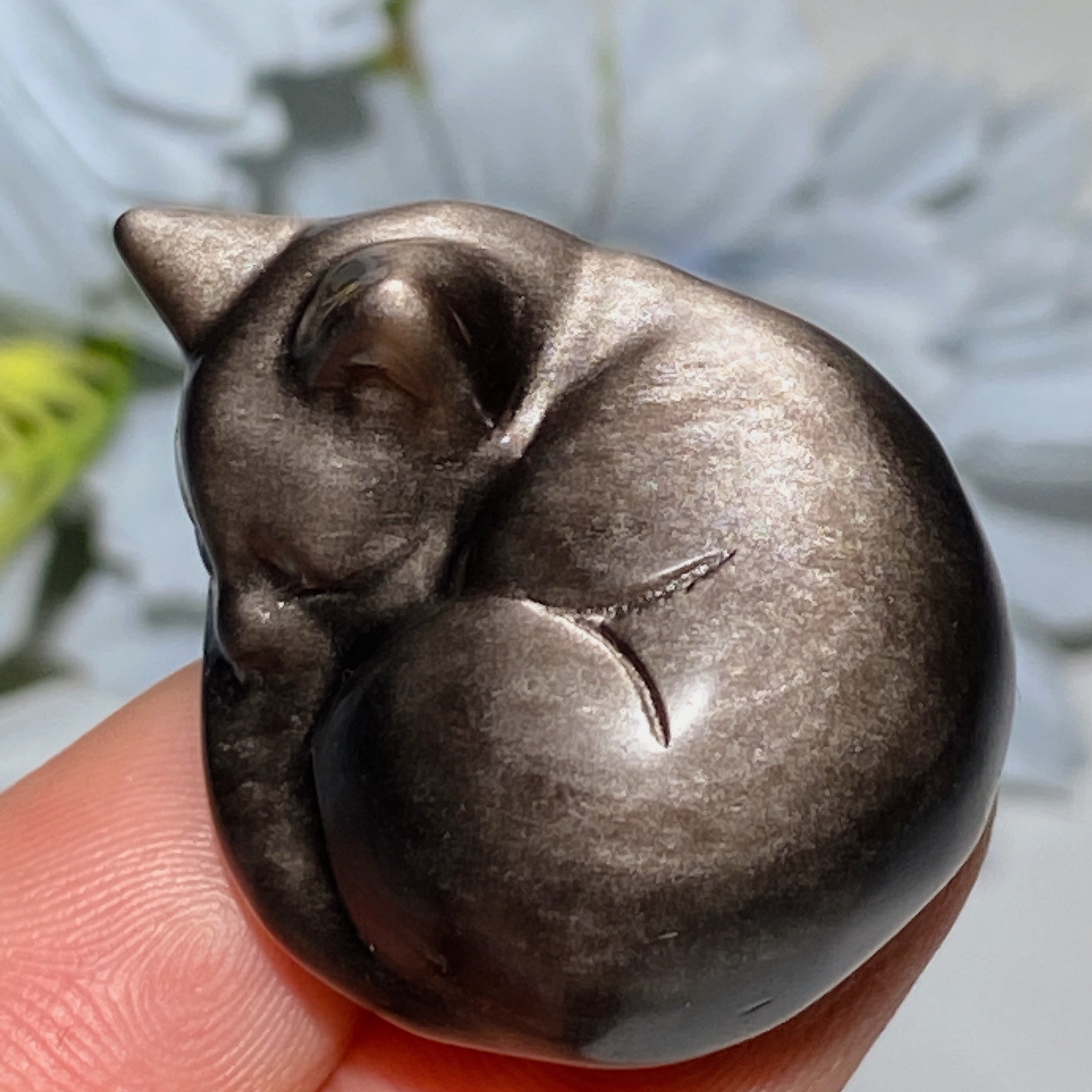 1.2 inch Silver Obsidian Sleeping Cat Crystal Sculpture