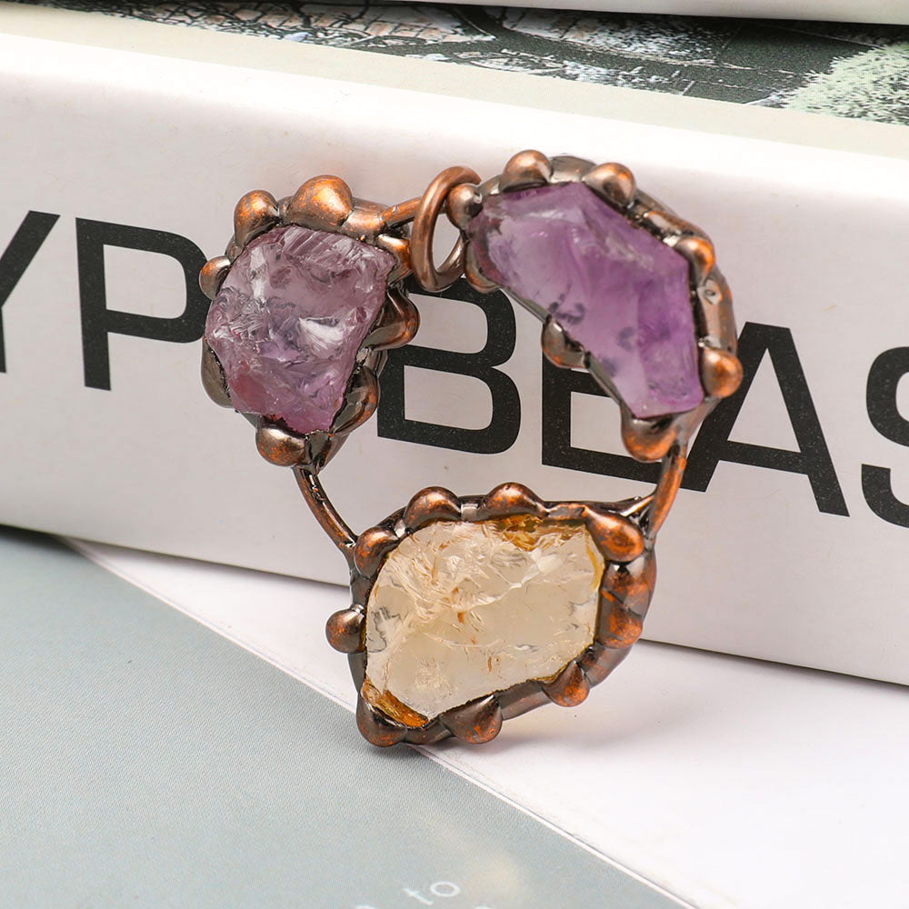 1.6-inch Raw Amethyst Citrine Stone Pendant Copper Frame