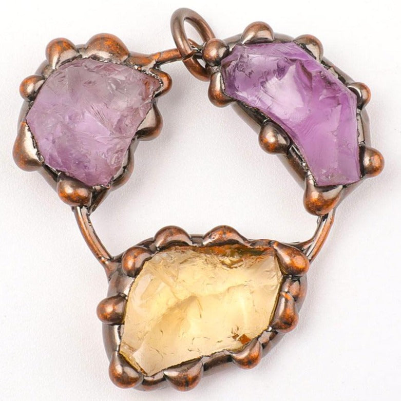 1.6-inch Raw Amethyst Citrine Stone Pendant Copper Frame