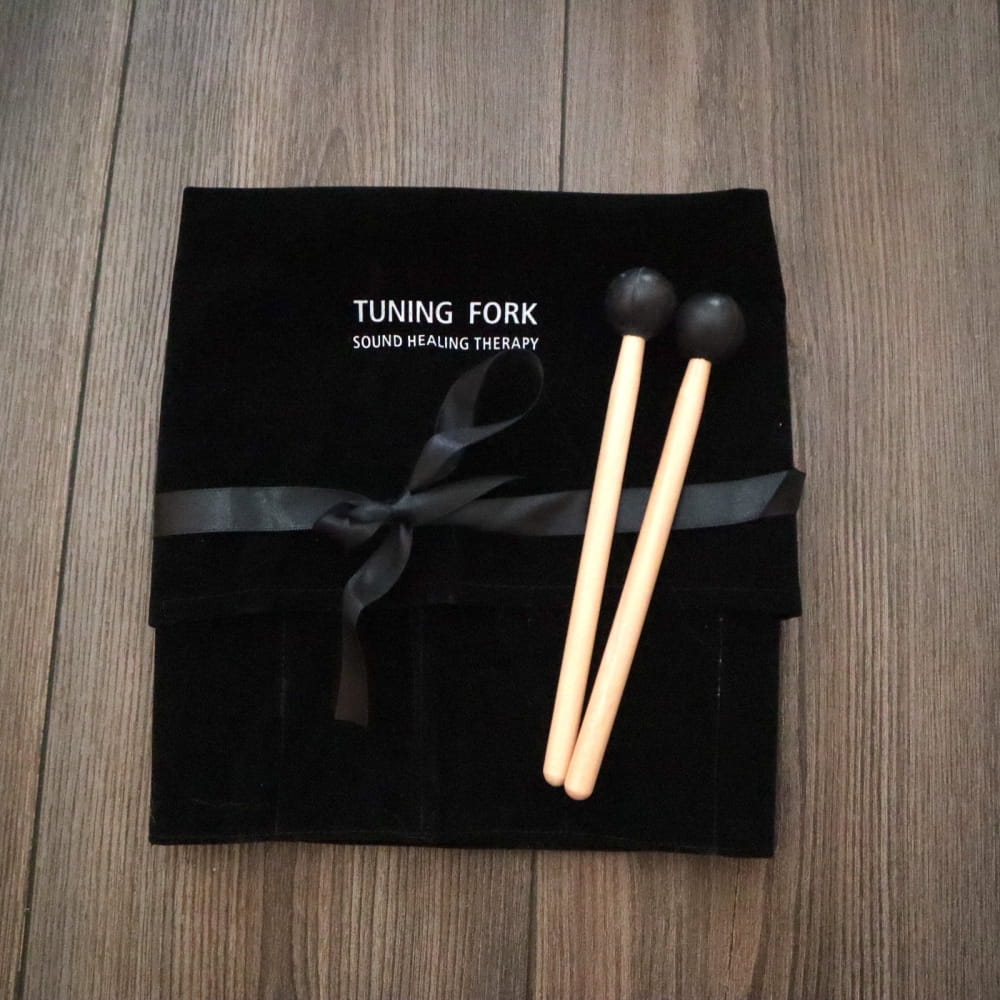 Pair of black rubber-tipped drumsticks on a black Tuning Fork Carry Bag sleeve