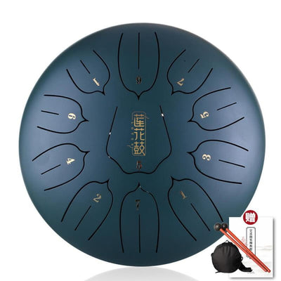Steel tongue drum in dark teal with etched tone markings, 11-tone D key, 18 colors available