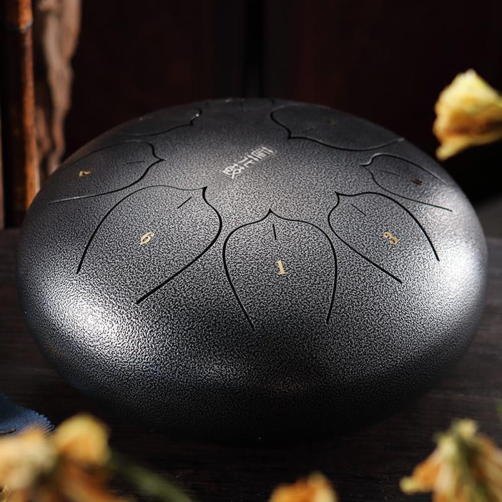 Black steel tongue drum with geometric etchings, 10 Inch Carbon Steel, 8 Tone C Key