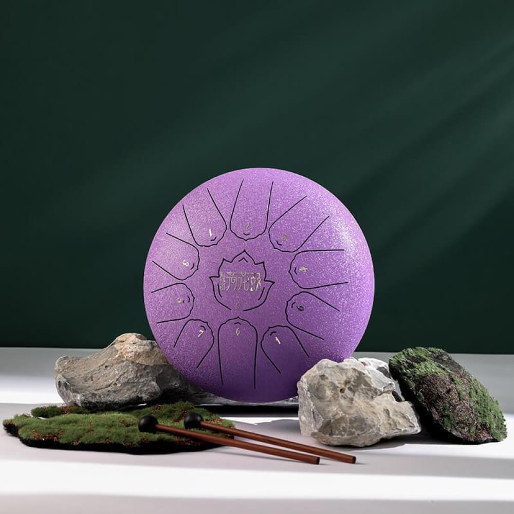 Purple steel tongue drum with petal-shaped tone zones in circular pattern, 10-Inch C Major