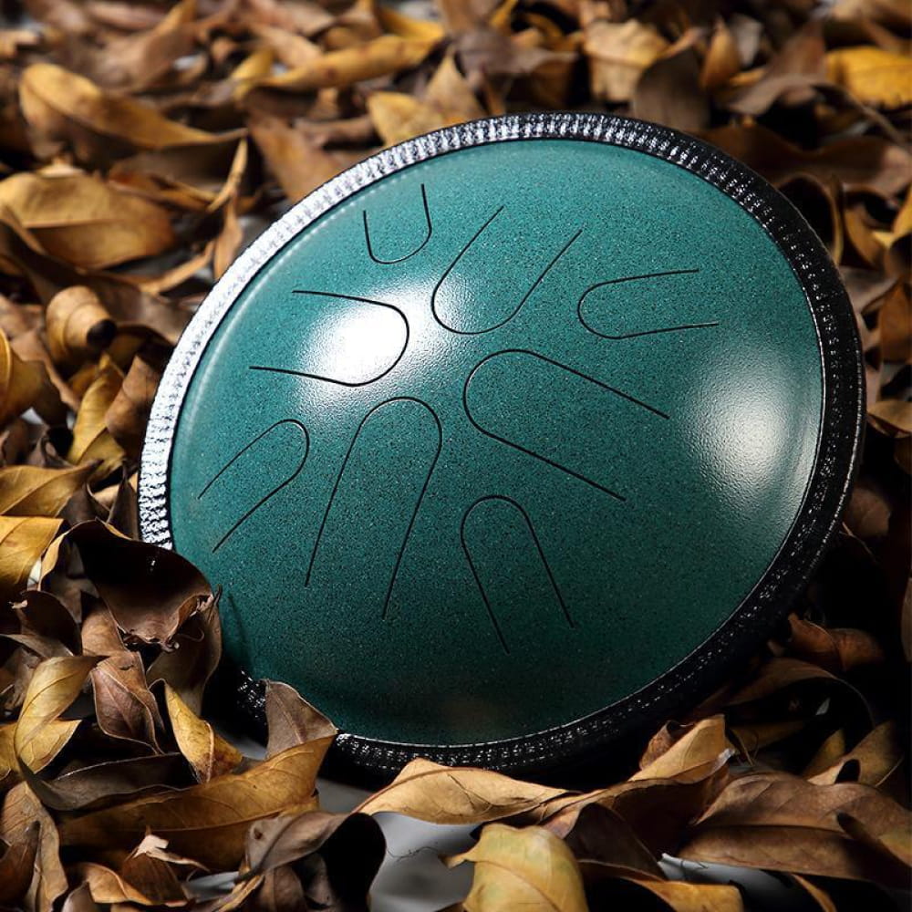 Teal-colored steel tongue drum with petal pattern for 10-Inch Copper Disc model