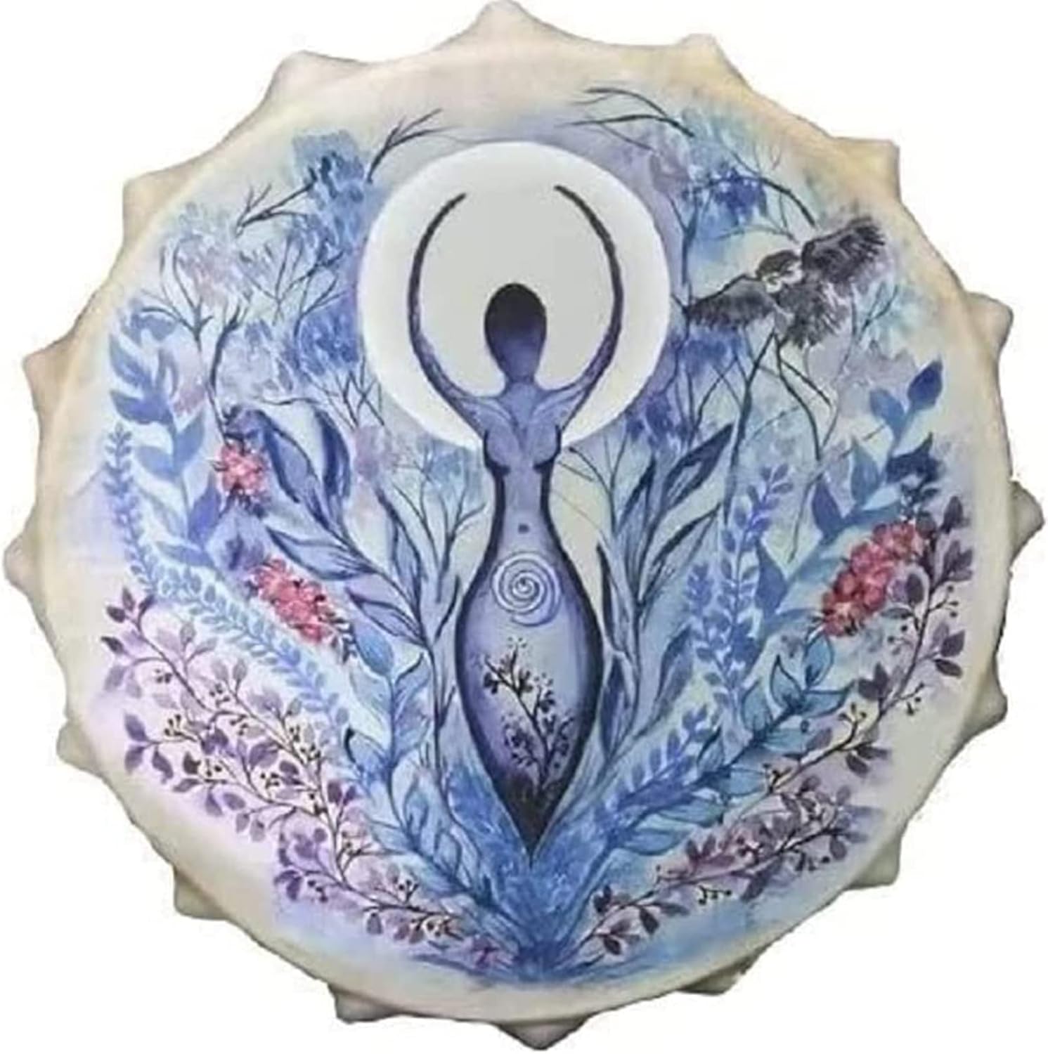 Feminine silhouette with raised arms amid blue and purple floral patterns on hand drum