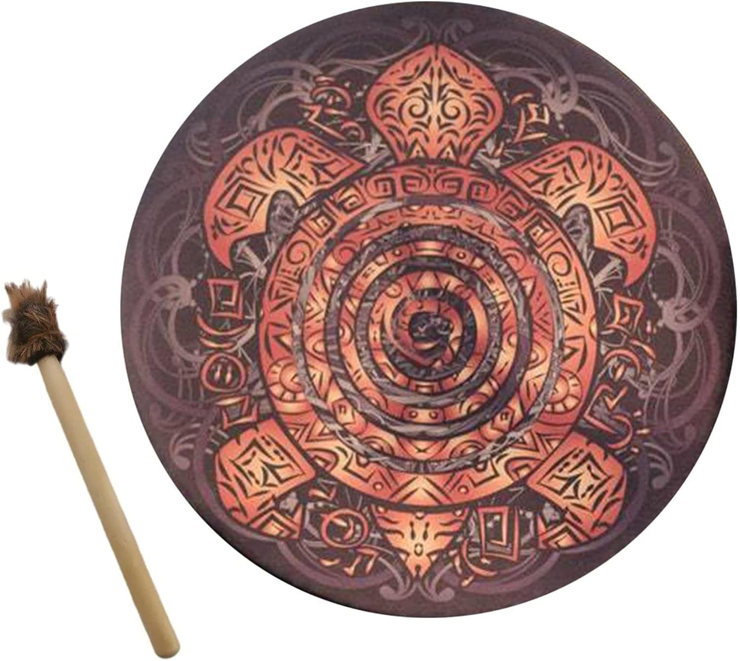 Intricate reddish-orange spiral mandala on 10-inch Shamanic Hand Drum for sound healing
