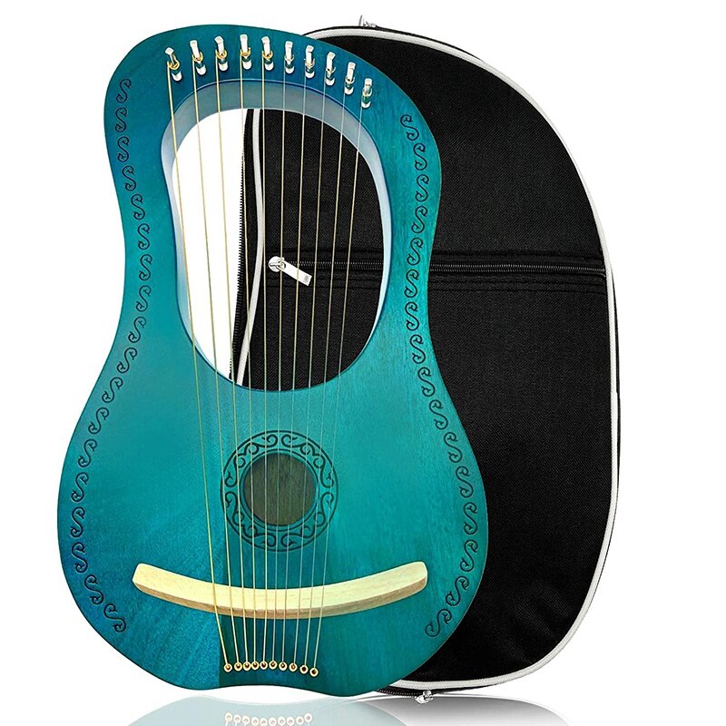 Turquoise lyre harp with black strings and decorative border in Mahogany product set