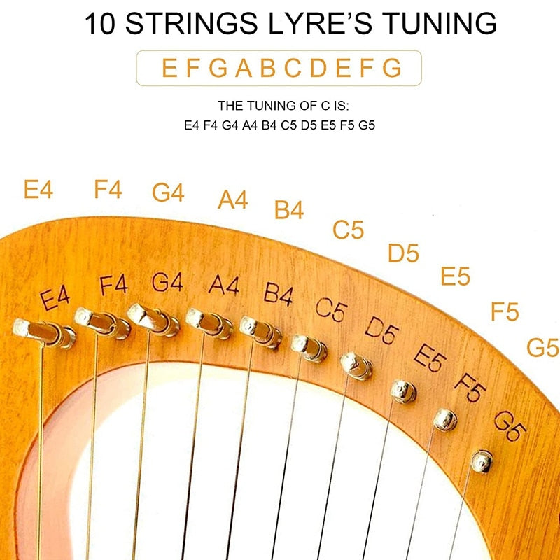 Close-up of 10 String Lyre’s tuning pegs and note arrangement in Mahogany harp