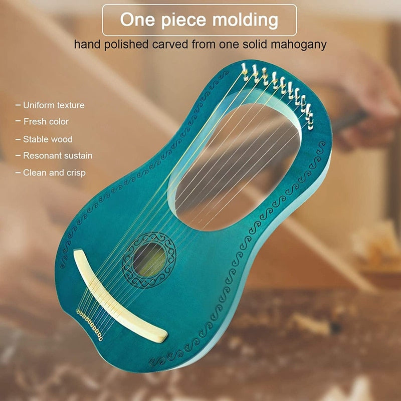 Teal Lyre Harp with metal strings and decorative patterns in a Mahogany design