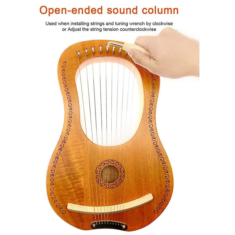 Wooden 10 String Lyre Harp in Mahogany with Decorative Rosette Pattern and Accessories