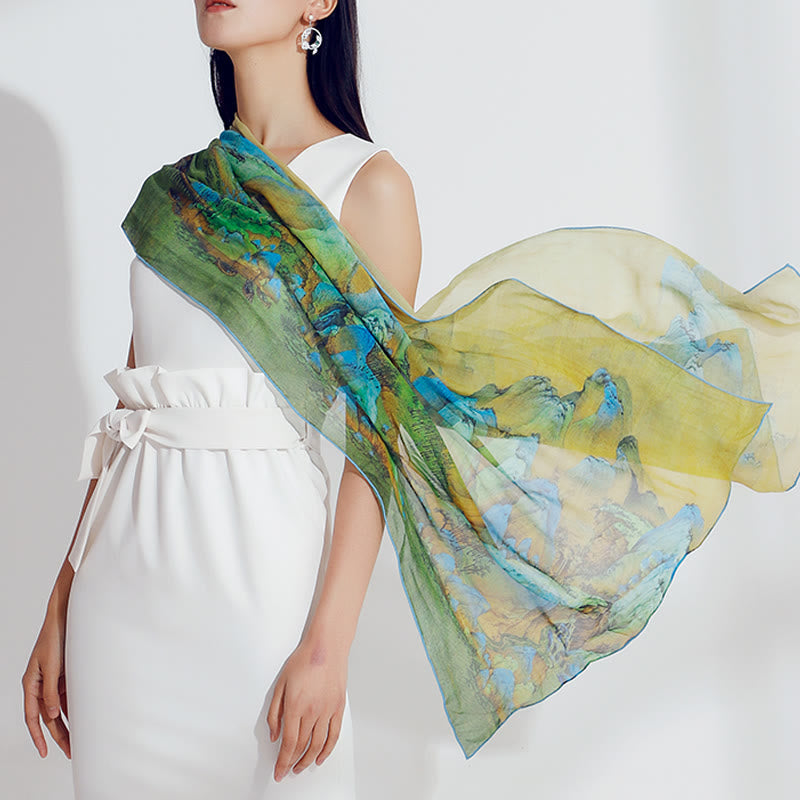 Écharpe tibétaine 100 % soie de mûrier Panorama de rivières et de montagnes