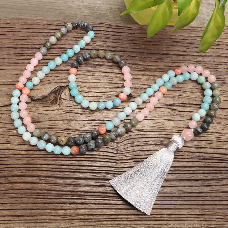 Bracelet Mala 108 perles en amazonite et pierres précieuses noires scintillantes