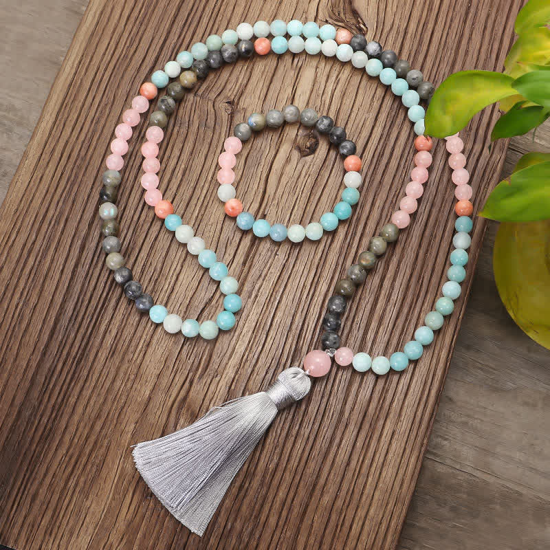 Bracelet Mala 108 perles en amazonite et pierres précieuses noires scintillantes