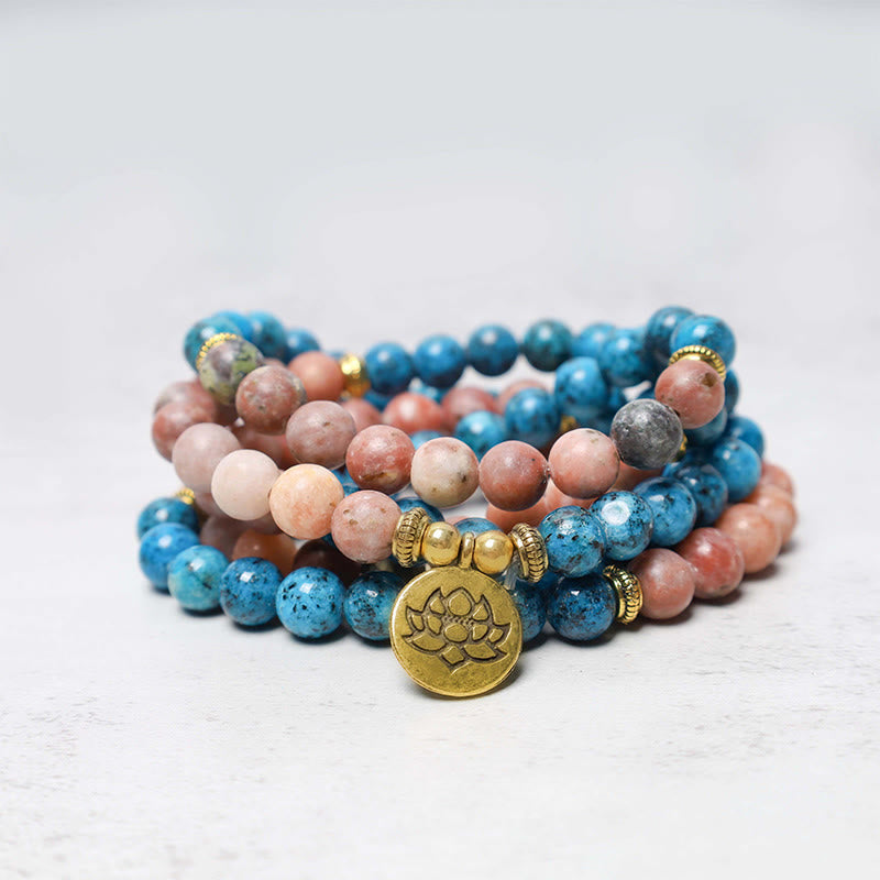 Bracelet Mala de méditation en apatite 108 perles, prière du lotus