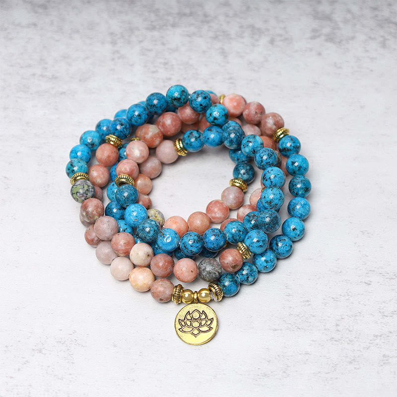 Bracelet Mala de méditation en apatite 108 perles, prière du lotus