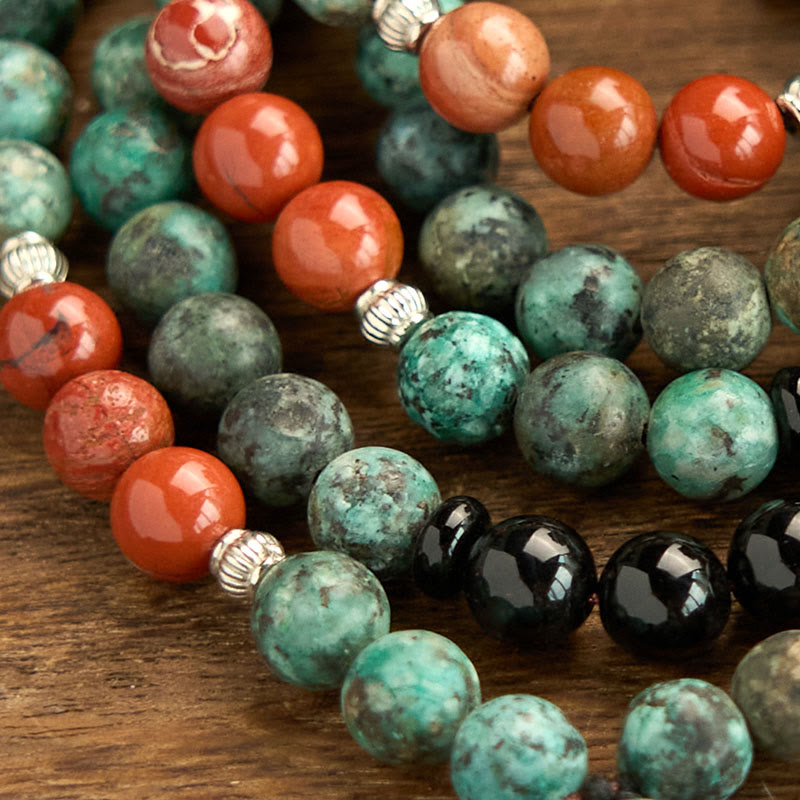 Bracelet Mala 108 perles en onyx noir, jaspe rouge et turquoise